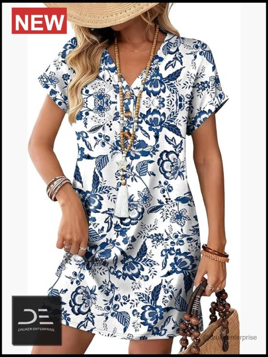 Dresses & Skirts - Summer Midi Dress with Sleeves Button Down Beach Vacation Casual Flowy V-Neck